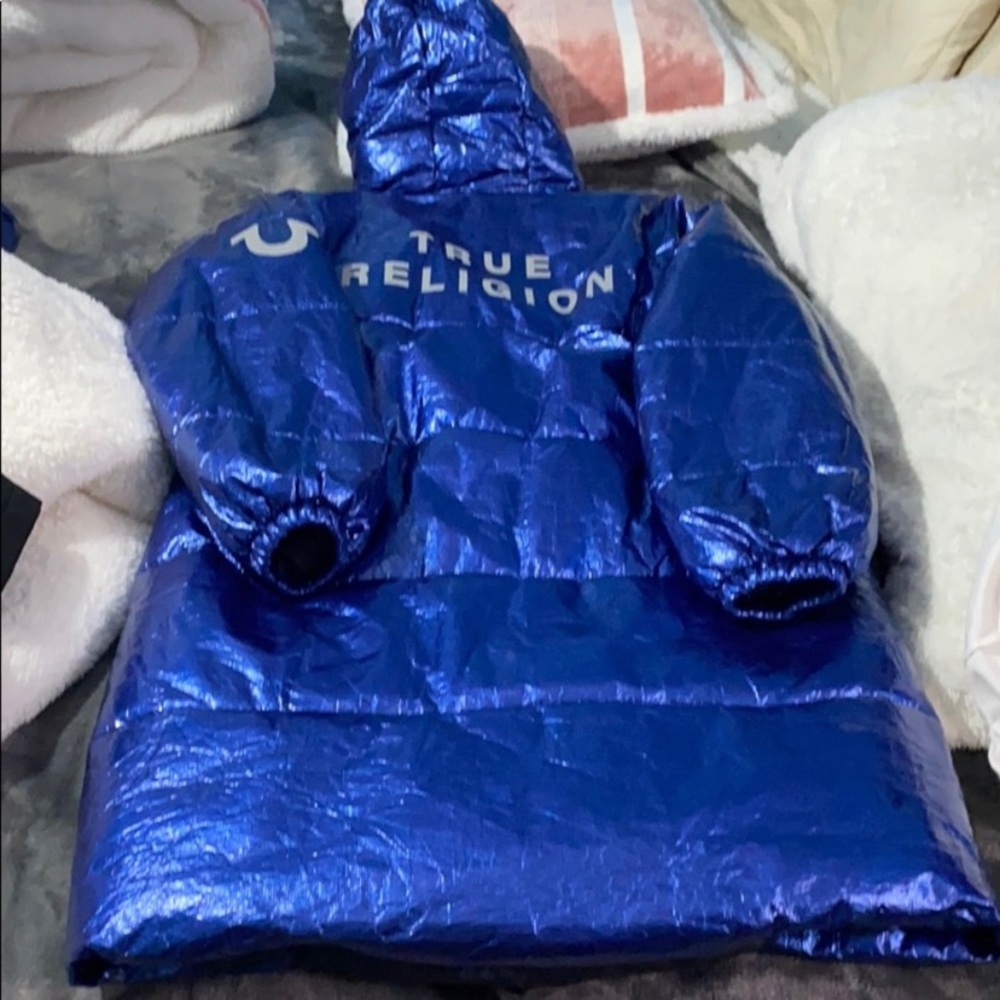 Extremely Warm, Blue Metallic, True Religion Knee Length Winter Puffer Coat.